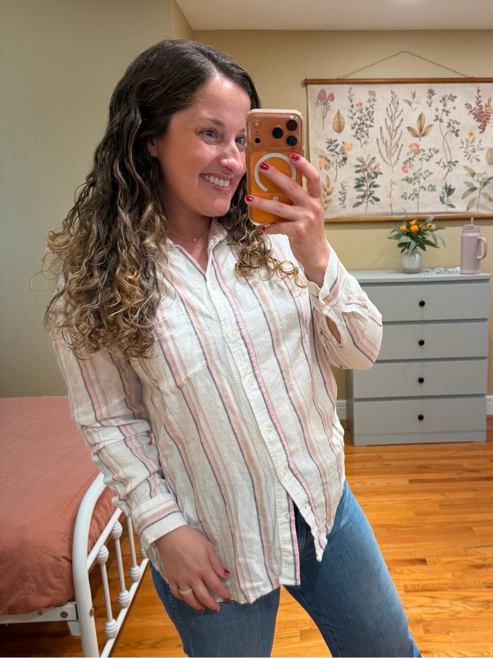 GAP Women's Striped Button-Down Shirt in Cream, Pink, Gray Medium Linen